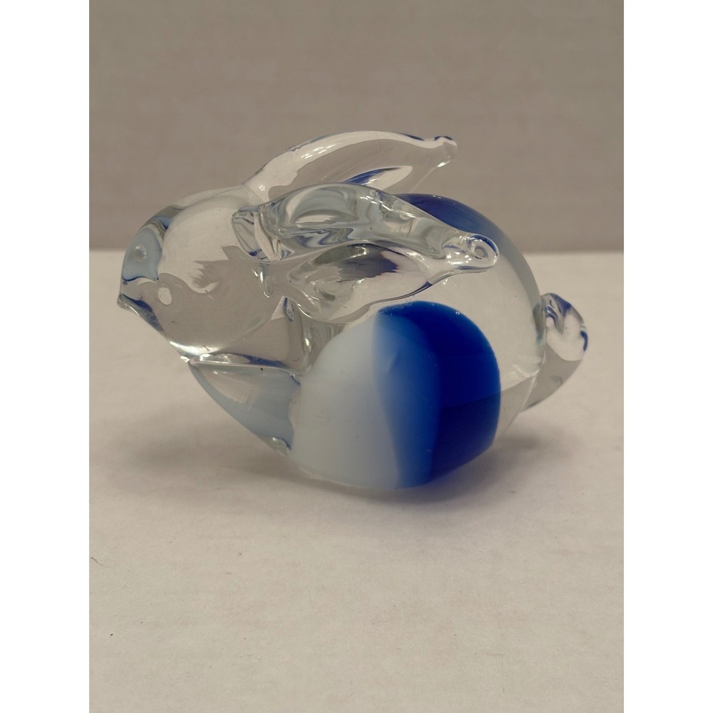 Art Glass Bunny Figurine Cobalt Blue White Swirl Rabbit Paperweight Decorative